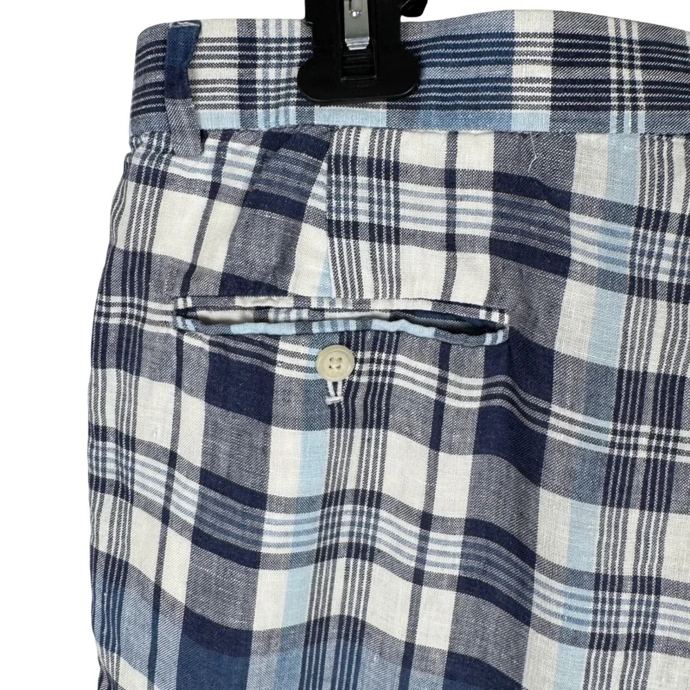 Polo Golf Ralph Lauren Plaid 100% Linen Shorts Mens 36W Blue White Flat Front 9
